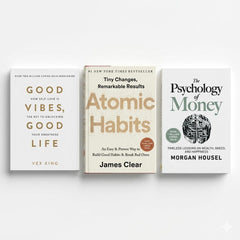 3 Self Help Books Bundle – Good Vibes Good Life, Psychology of Money & Atomic Habits | Mindset, Finance & Habit Building Collection