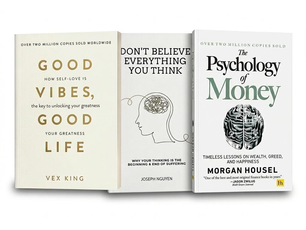 3Self Help Book Bundle – Good Vibes, Psychology of Money & Don’t Believe Everything – Positive Mindset, Financial Wisdom & Personal Growth Books Set
