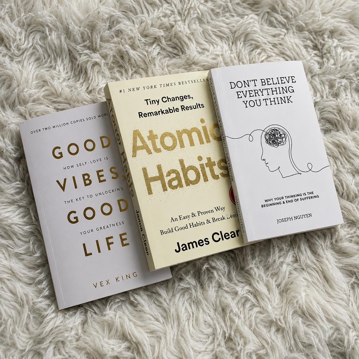 Bestselling Self Help Book Bundle for Mindset Personal Growth Reading, Atomic Habits, Don’t Believe Everything You Think and Good Vibes Good Life Paperback Books