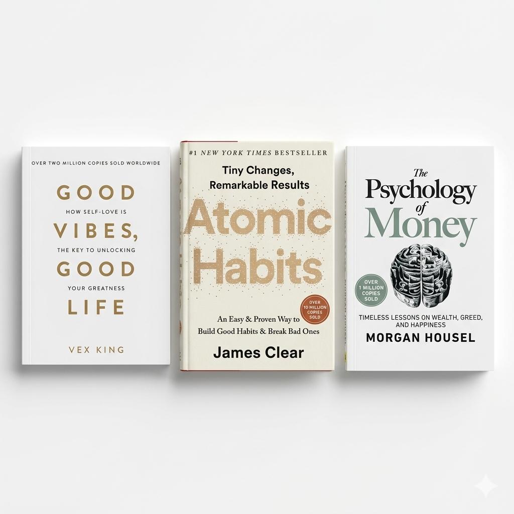 3 Self Help Books Bundle – Good Vibes Good Life, Psychology of Money & Atomic Habits | Mindset, Finance & Habit Building Collection