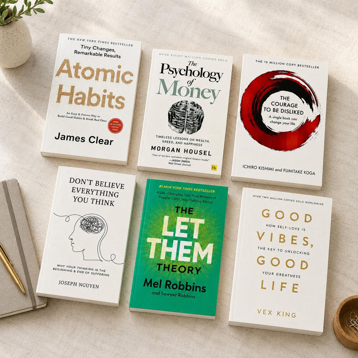 6 Best selling A Life-Changing Self-Help Books, Atomic Habits, The Psychology of Money, The Let Them Theory, Good Vibes Good Life, Don’t Believe Everything You Think & The Courage to Be Disliked, Mindset, Money & Confidence Bundle