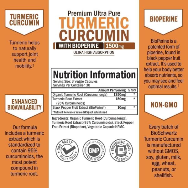 Turmeric Curcumin with Black Pepper Extract 1500mg - High Absorption Ultra Potent Turmeric Supplement with 95% Curcuminoids and BioPerine - Non GMO Turmeric Capsules for Joint Support - 90 Capsules - Image 7