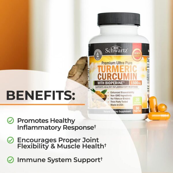 Turmeric Curcumin with Black Pepper Extract 1500mg - High Absorption Ultra Potent Turmeric Supplement with 95% Curcuminoids and BioPerine - Non GMO Turmeric Capsules for Joint Support - 90 Capsules - Image 6
