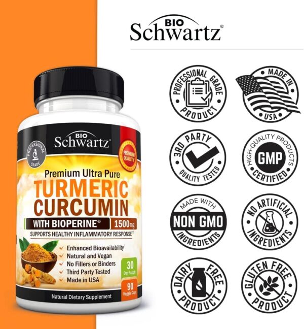 Turmeric Curcumin with Black Pepper Extract 1500mg - High Absorption Ultra Potent Turmeric Supplement with 95% Curcuminoids and BioPerine - Non GMO Turmeric Capsules for Joint Support - 90 Capsules - Image 3