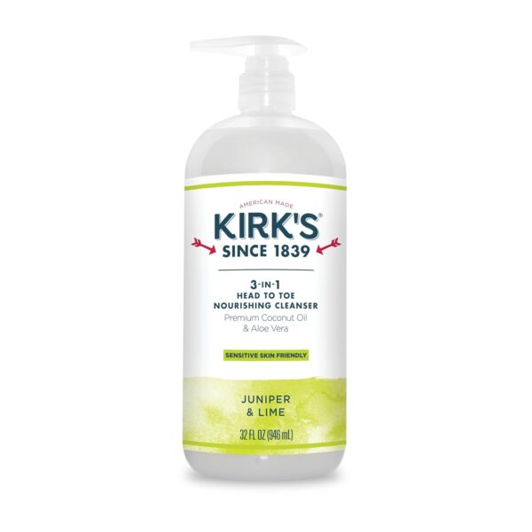 Kirk's 3-in-1 Castile Liquid Soap Head-to-Toe Clean Shampoo, Face Soap & Body Wash for Men, Women & Children | Coconut Oil + Aloe Vera | Juniper & Lime Scent | 32 Fl Oz. Pump Bottle