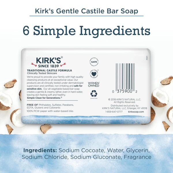 Kirk's Castile Bar Soap Clean Soap for Men, Women & Children| Premium Coconut Oil | Sensitive Skin Formula, Vegan | Original Fresh Scent | 4 oz. Bars - 5 Pack - Image 7