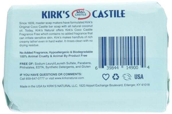 Kirk's Original Coco Castile Bar Soap Fragrance Free 4 Ounces (5 Pack) - Image 3