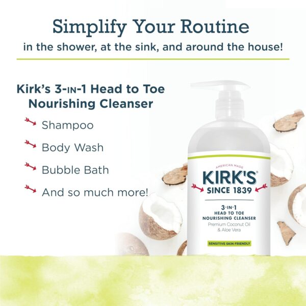 Kirk's 3-in-1 Castile Liquid Soap Head-to-Toe Clean Shampoo, Face Soap & Body Wash for Men, Women & Children | Coconut Oil + Aloe Vera | Juniper & Lime Scent | 32 Fl Oz. Pump Bottle - Image 6
