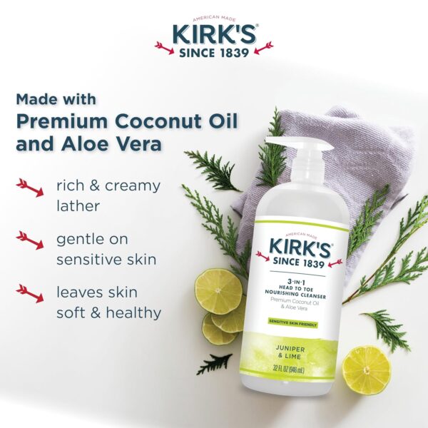 Kirk's 3-in-1 Castile Liquid Soap Head-to-Toe Clean Shampoo, Face Soap & Body Wash for Men, Women & Children | Coconut Oil + Aloe Vera | Juniper & Lime Scent | 32 Fl Oz. Pump Bottle - Image 5