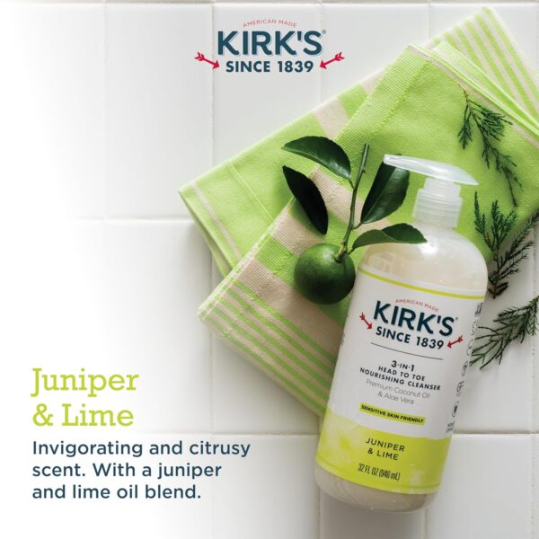 Kirk's 3-in-1 Castile Liquid Soap Head-to-Toe Clean Shampoo, Face Soap & Body Wash for Men, Women & Children | Coconut Oil + Aloe Vera | Juniper & Lime Scent | 32 Fl Oz. Pump Bottle - Image 4