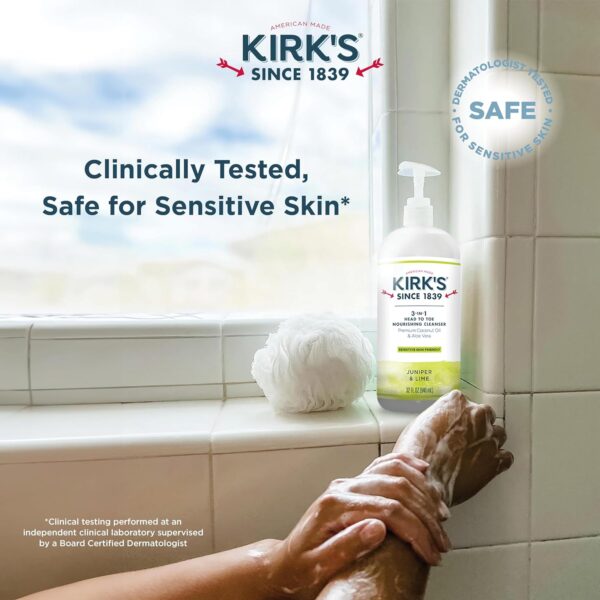 Kirk's 3-in-1 Castile Liquid Soap Head-to-Toe Clean Shampoo, Face Soap & Body Wash for Men, Women & Children | Coconut Oil + Aloe Vera | Juniper & Lime Scent | 32 Fl Oz. Pump Bottle - Image 3