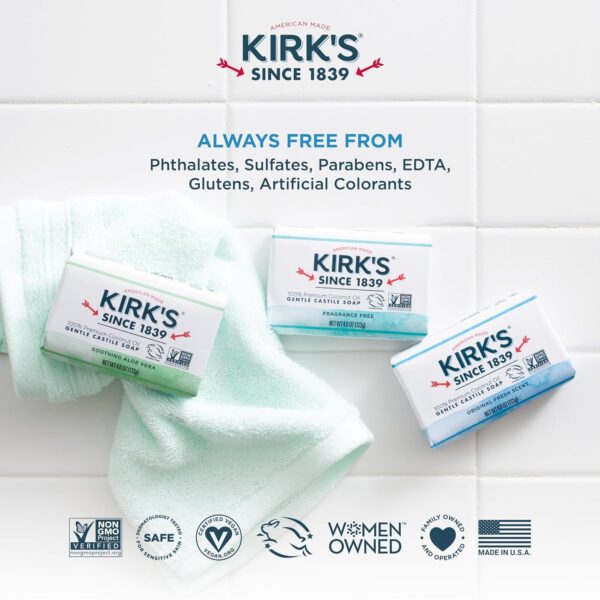 Kirk's Castile Bar Soap Clean Soap for Men, Women & Children| Premium Coconut Oil | Sensitive Skin Formula, Vegan | Original Fresh Scent | 4 oz. Bars - 5 Pack - Image 2