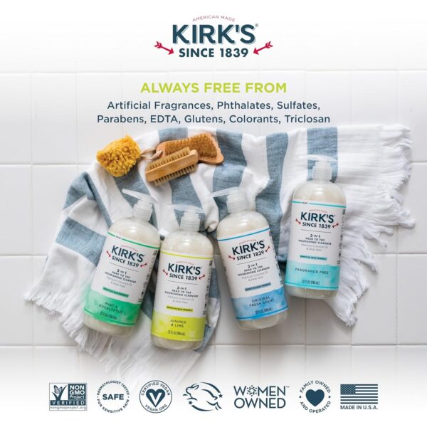 Kirk's 3-in-1 Castile Liquid Soap Head-to-Toe Clean Shampoo, Face Soap & Body Wash for Men, Women & Children | Coconut Oil + Aloe Vera | Juniper & Lime Scent | 32 Fl Oz. Pump Bottle - Image 2
